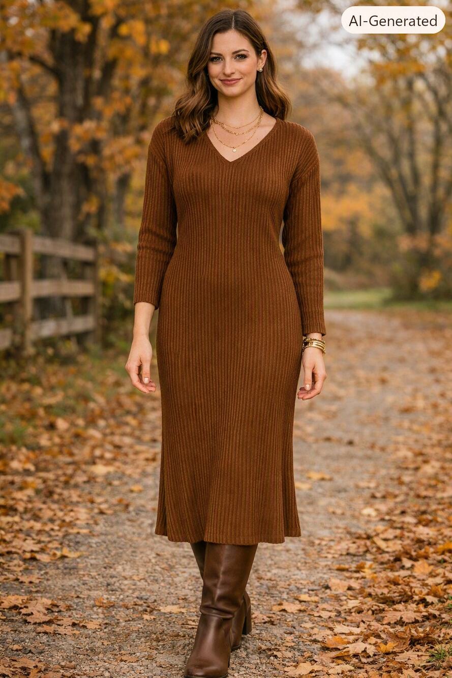 Dark Camel Sweater Dress Cable Knit Sz Medium Wool Blend Preppy Boho
